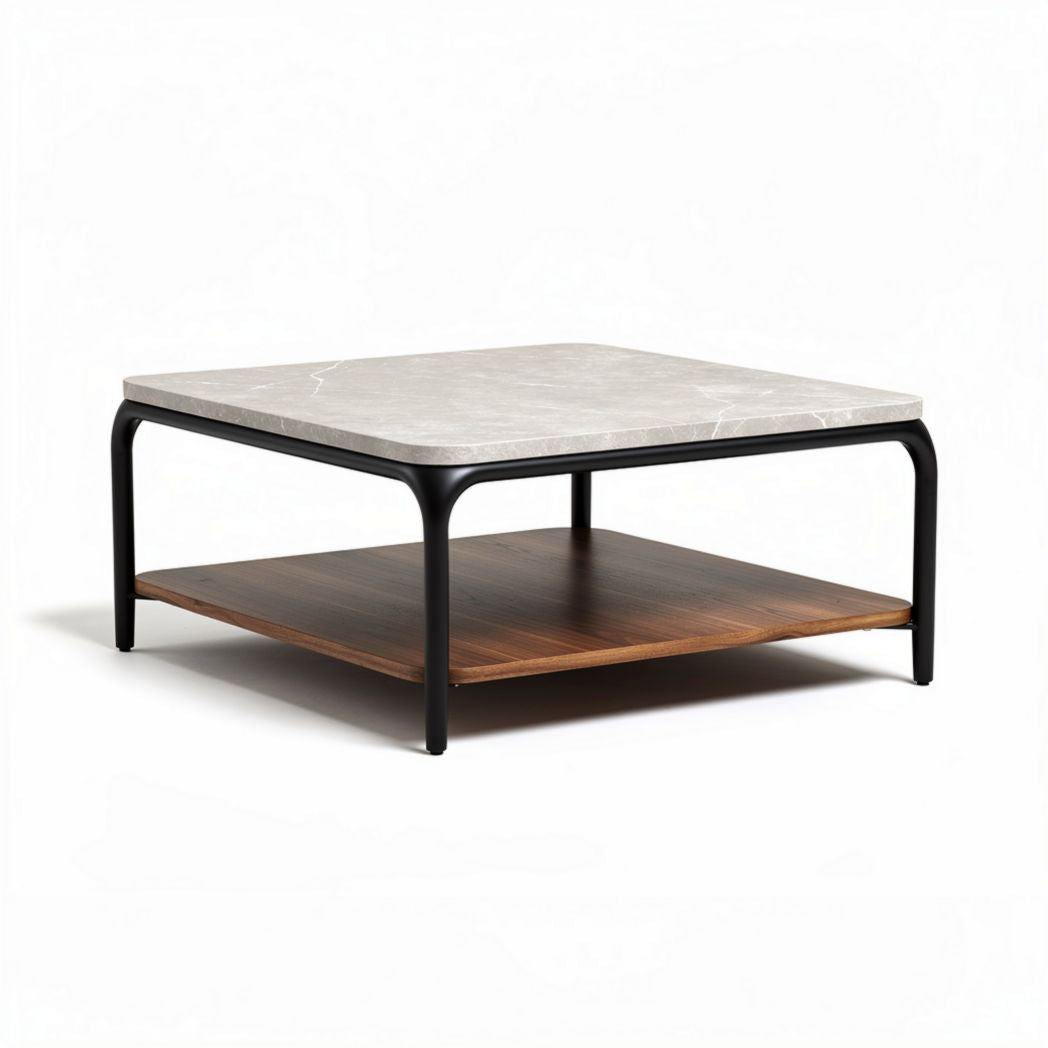 Square coffee table with marble top and wooden shelf 90 x 90 x 40cm