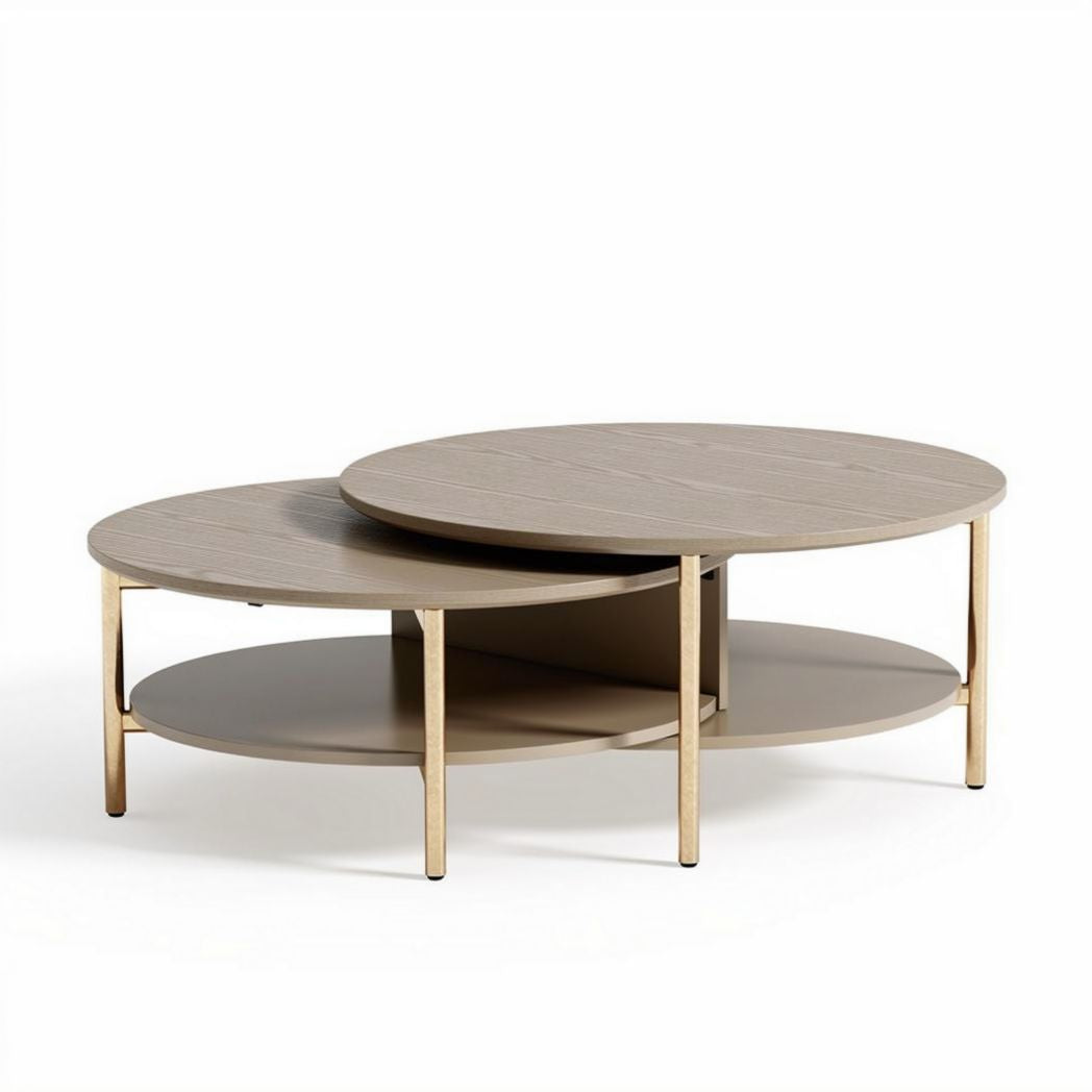 Nestable round coffee tables with wooden tops and gold metal legs 60 x 60 x 40cm