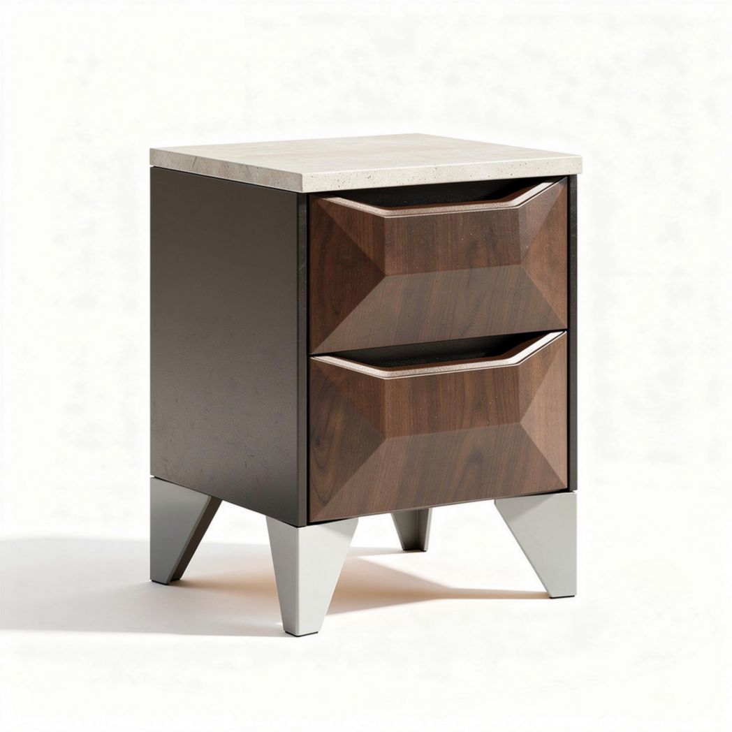 Wooden nightstand with two drawers and marble top in brown and white 45 x 40 x 60cm
