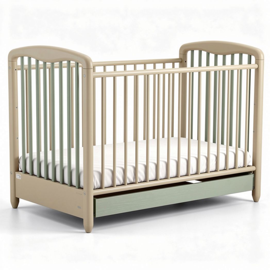 Wooden convertible crib with removable mattress and sage green accents 130 x 70 x 90cm
