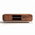 Wooden media console with storage drawers and open shelving in walnut finish