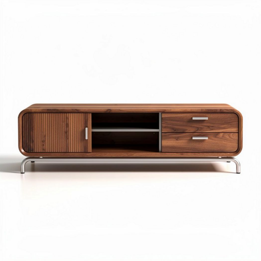 Wooden media console with storage drawers and open shelving in walnut finish