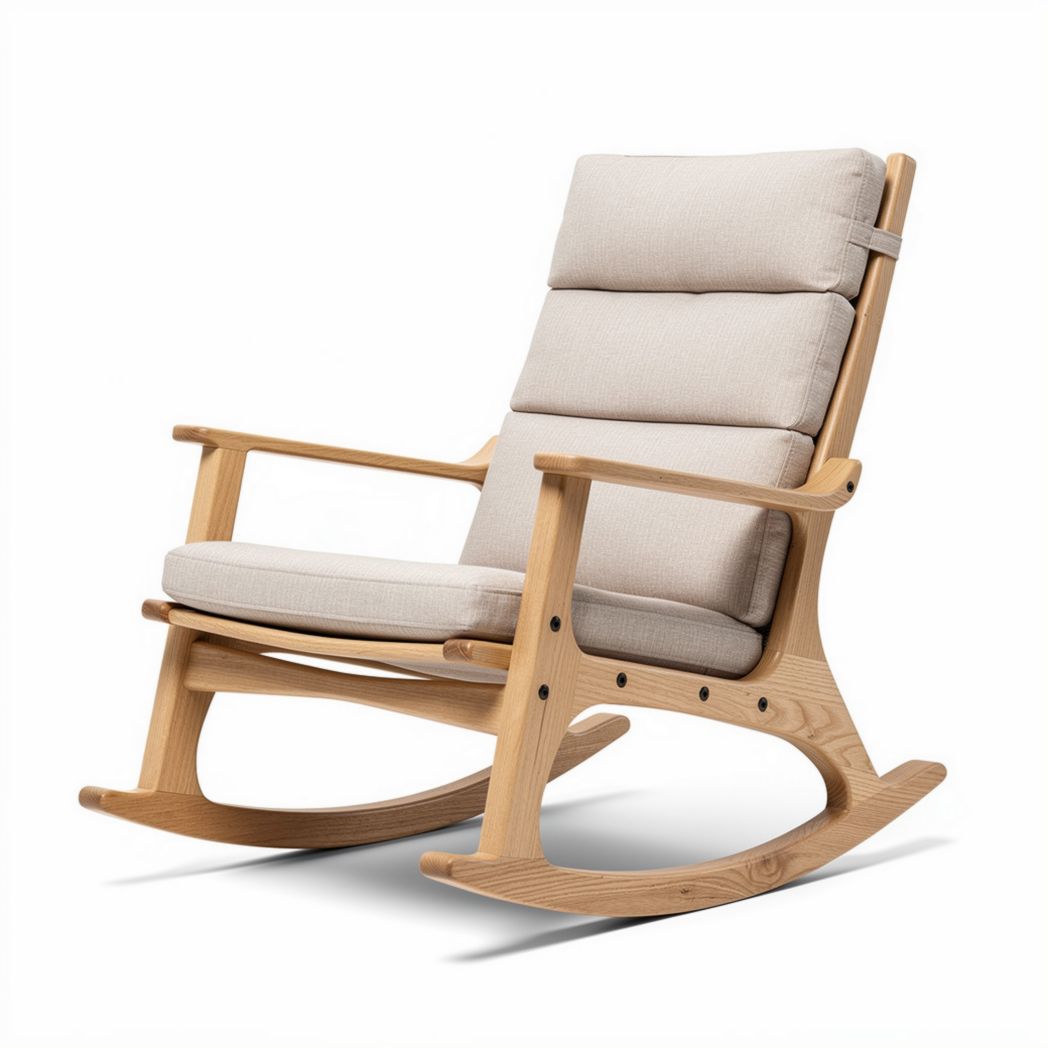 Wooden rocking chair with fabric cushion in light beige color 80 x 70 x 100cm