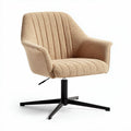 Beige upholstered swivel chair with black metal base and modern design